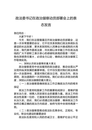 政法委书记在政治督察动员部署会上的表态发言