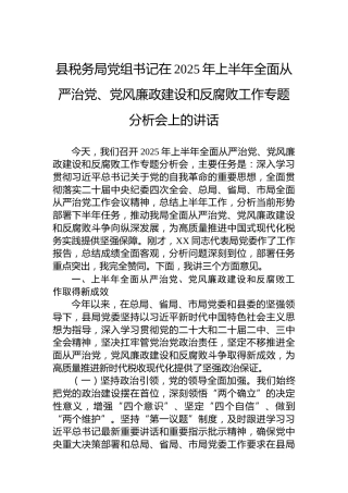 县税务局党组书记在2025年上半年全面从严治党、党风廉政建设和反腐败工作专题分析会上的讲话