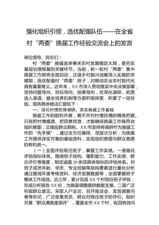 强化组织引领，选优配强队伍——在全省村“两委”换届工作经验交流会上的发言