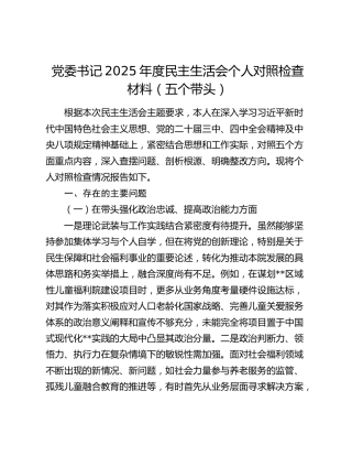 党委书记2025年度民主生活会个人对照检查材料（五个带头）（2）