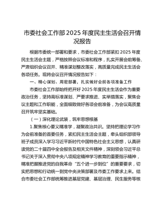市委社会工作部2025年度民主生活会召开情况报告