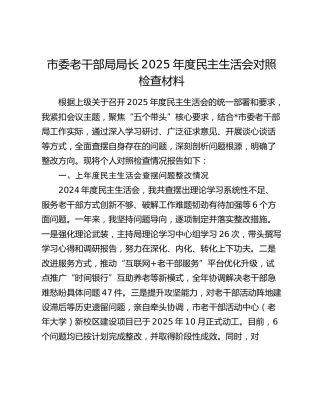 市委老干部局局长2025年度民主生活会对照检查材料（上年度查摆问题整改情况+五个带头+典型案例剖析）
