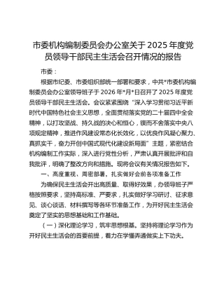 市委机构编制委员会办公室关于2025年度党员领导干部民主生活会召开情况的报告