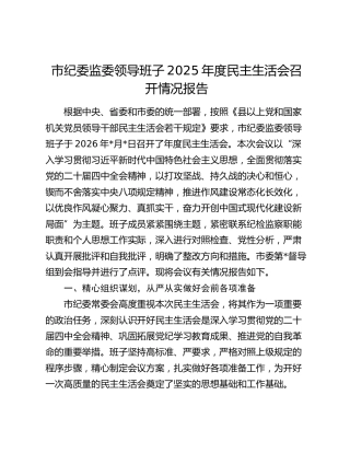 市纪委监委领导班子2025年度民主生活会召开情况报告