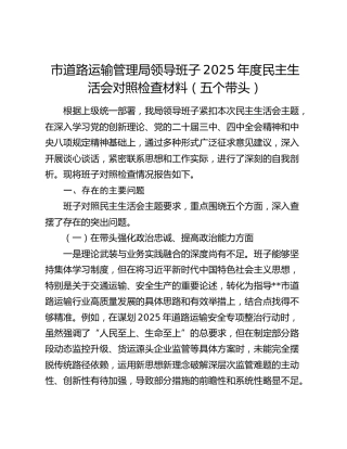 市道路运输管理局领导班子2025年度民主生活会对照检查材料（五个带头）