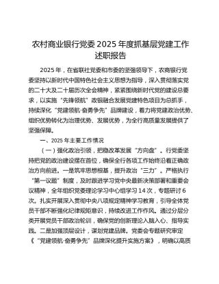 农村商业银行党委2025年度抓基层党建工作述职报告