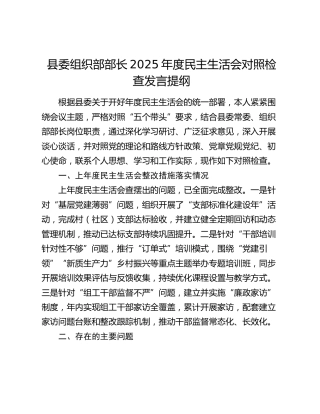 县委组织部部长2025年度民主生活会对照检查发言提纲（五个带头）