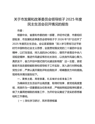 关于市发展和改革委员会领导班子2025年度民主生活会召开情况的报告