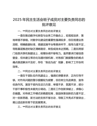 2025年民主生活会班子成员对主要负责同志的批评意见