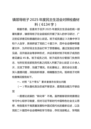 镇领导班子2025年度民主生活会对照检查材料（2）