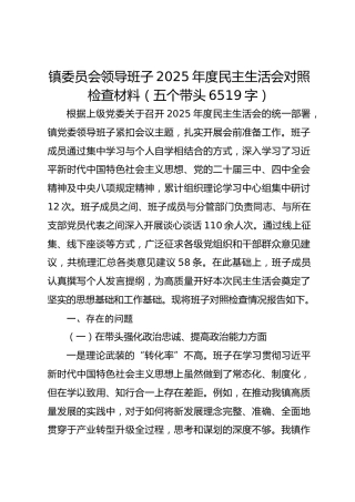 镇党委领导班子2025年度民主生活会对照检查材料（五个带头 6519字）