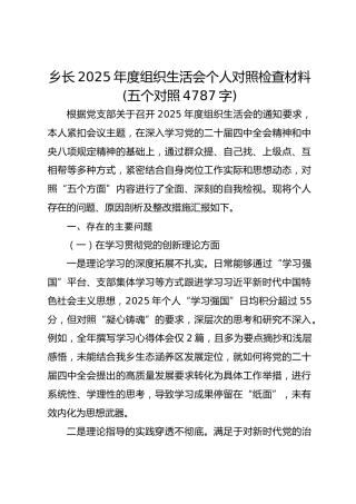 乡长2025年度组织生活会个人对照检查材料(五个对照 4787字)