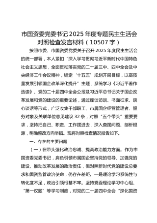 市国资委党委书记2025年度专题民主生活会对照检查发言材料（