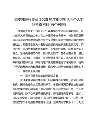 党支部纪检委员2025年度组织生活会个人对照检查(五个对照)