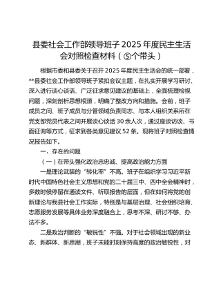 县委社会工作部领导班子2025年度民主生活会对照检查