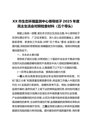 XX市生态环境监测中心领导班子2025年度民主生活会对照检查材料（五个带头）