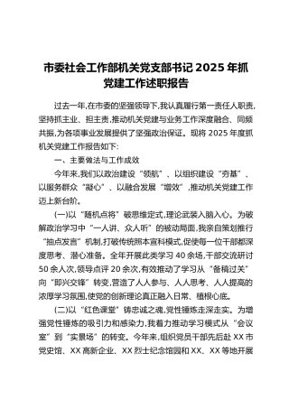 市委社会工作部机关党支部书记2025年抓党建工作述职报告