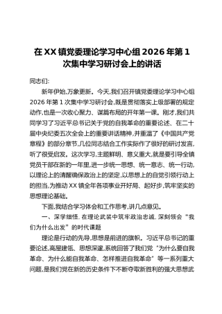 在XX镇党委理论学习中心组2026年第1次集中学习研讨会上的讲话