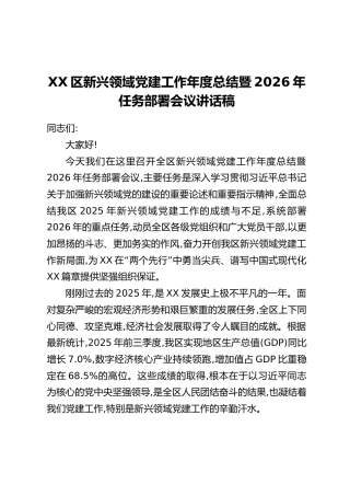 XX区新兴领域党建工作年度总结暨2026年任务部署会议讲话稿