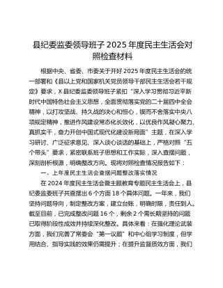 县纪委监委领导班子2025年度民主生活会对照检查材料（上年度查摆问题整改落实情况+五个带头+典型案例剖析）