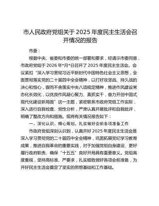 市人民政府党组关于2025年度民主生活会召开情况的报告
