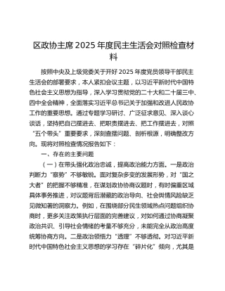 区政协主席2025年度民主生活会对照检查材料（五个带头）
