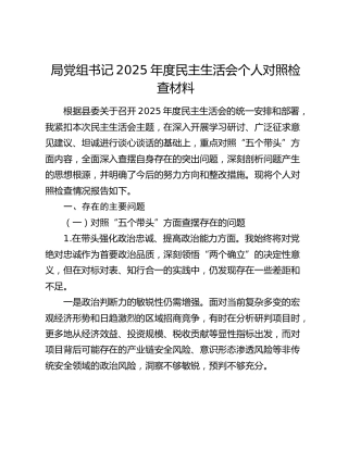 局党组书记2025年度民主生活会个人对照检查材料（五个带头+意识形态工作责任制情况+典型案例剖析）