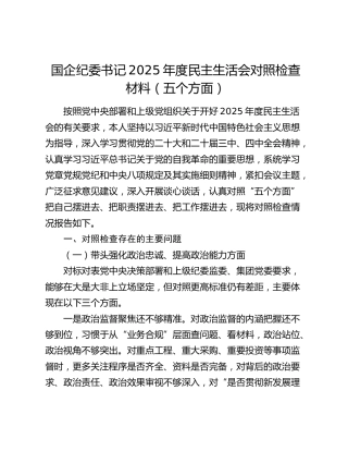 国企纪委书记2025年度民主生活会对照检查材料（五个方面）