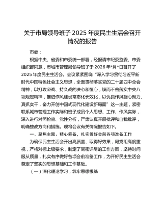 关于市局领导班子2025年度民主生活会召开情况的报告