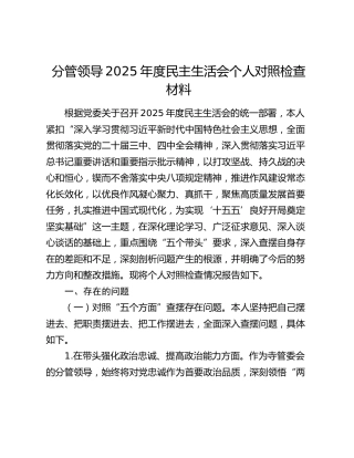 分管领导2025年度民主生活会个人对照检查材料（五个带头+落实巡视整改责任+典型案例剖析+上年度和中央八项规定精神学习教育问题清单整改情况）