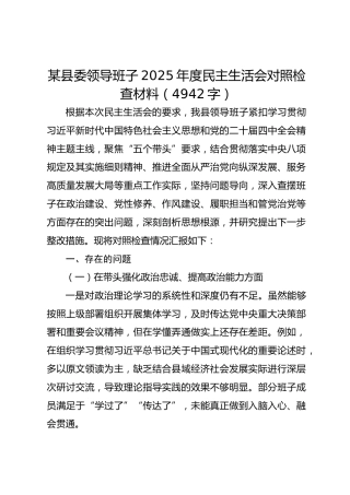 某县委领导班子2025年度民主生活会对照检查材料（4942字）