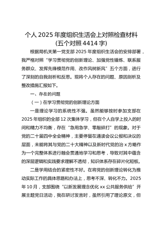 个人2025年度组织生活会上对照检查材料(五个对照 4414字)