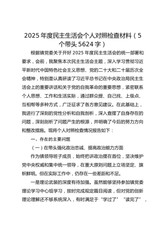 2025年度民主生活会个人对照检查材料（5个带头 5624字）