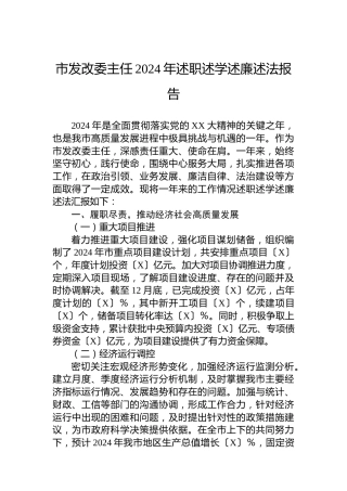 市发改委主任2024年述职述学述廉述法报告