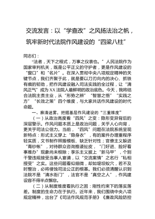 交流发言：以“学查改”之风扬法治之帆，筑牢新时代法院作风建设的“四梁八柱”
