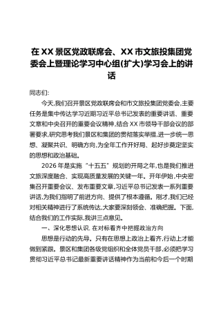 在XX景区党政联席会、XX市文旅投集团党委会上暨理论学习中心组(扩大)学习会上的讲话