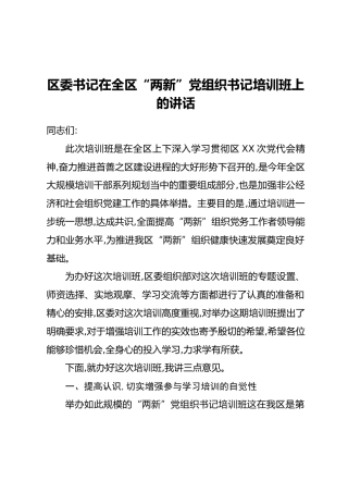 区委书记在全区“两新”党组织书记培训班上的讲话