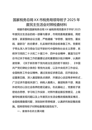 国家税务总局xx市税务局领导班子2025年度民主生活会对照检查材料
