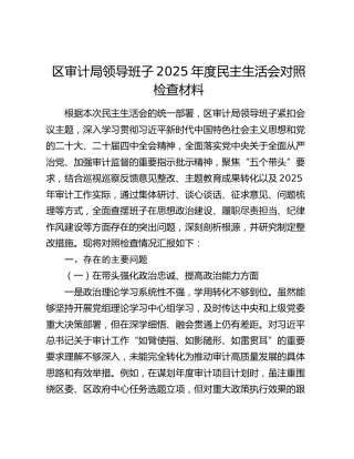 区审计局领导班子2025年度民主生活会对照检查材料（五个带头）（2）