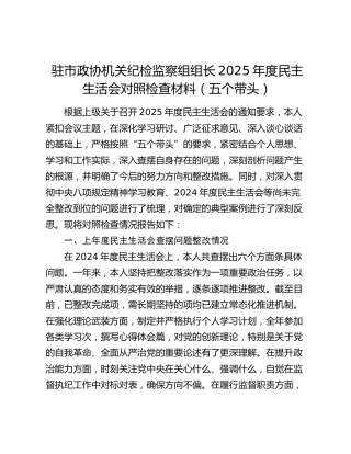 驻市政协机关纪检监察组组长2025年度民主生活会对照检查材料（五个带头）
