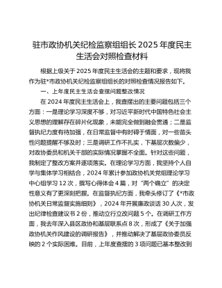 驻市政协机关纪检监察组组长2025年度民主生活会对照检查材料（上年度查摆问题整改情况+五个带头+典型案例剖析）
