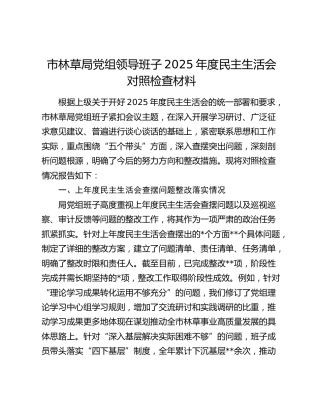 市林草局党组领导班子2025年度民主生活会对照检查材料（上年度查摆问题整改落实情况+五个带头+典型案例剖析）