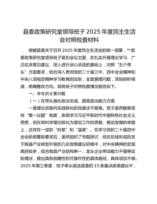 县委政策研究室领导班子2025年度民主生活会对照检查材料（五个带头+典型案例剖析）