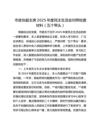 市政协副主席2025年度民主生活会对照检查材料（五个带头）