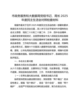 市政务服务和大数据局党组书记、局长2025年度民主生活会对照检查材料（六个带头+典型案例剖析）