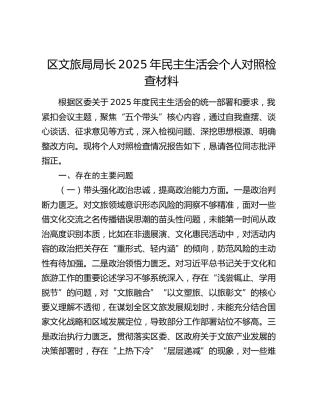 区文旅局局长2025年民主生活会个人对照检查材料（五个带头）