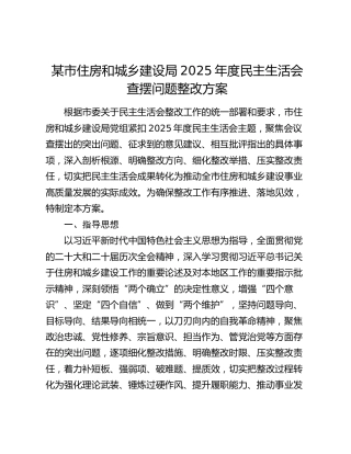 某市住房和城乡建设局2025年度民主生活会查摆问题整改方案
