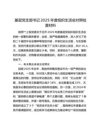 基层党支部书记2025年度组织生活会对照检查材料