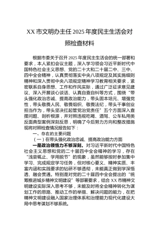 XX市文明办主任2025年度民主生活会对照检查材料