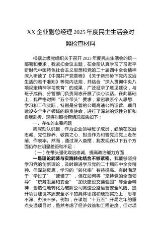 XX企业副总经理2025年度民主生活会对照检查材料